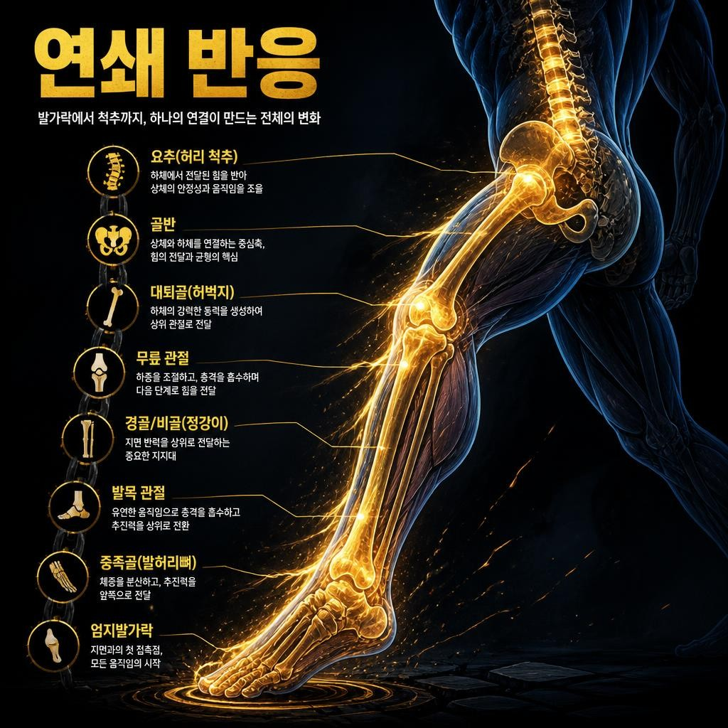 연쇄 반응: 발가락에서 척추까지 이어지는 몸의 연결 사슬. 엄지발가락, 중족골, 발목 관절, 경골·비골, 무릎 관절, 대퇴골, 골반, 요추 순으로 빛나는 골격 라인이 연결되어 있습니다.