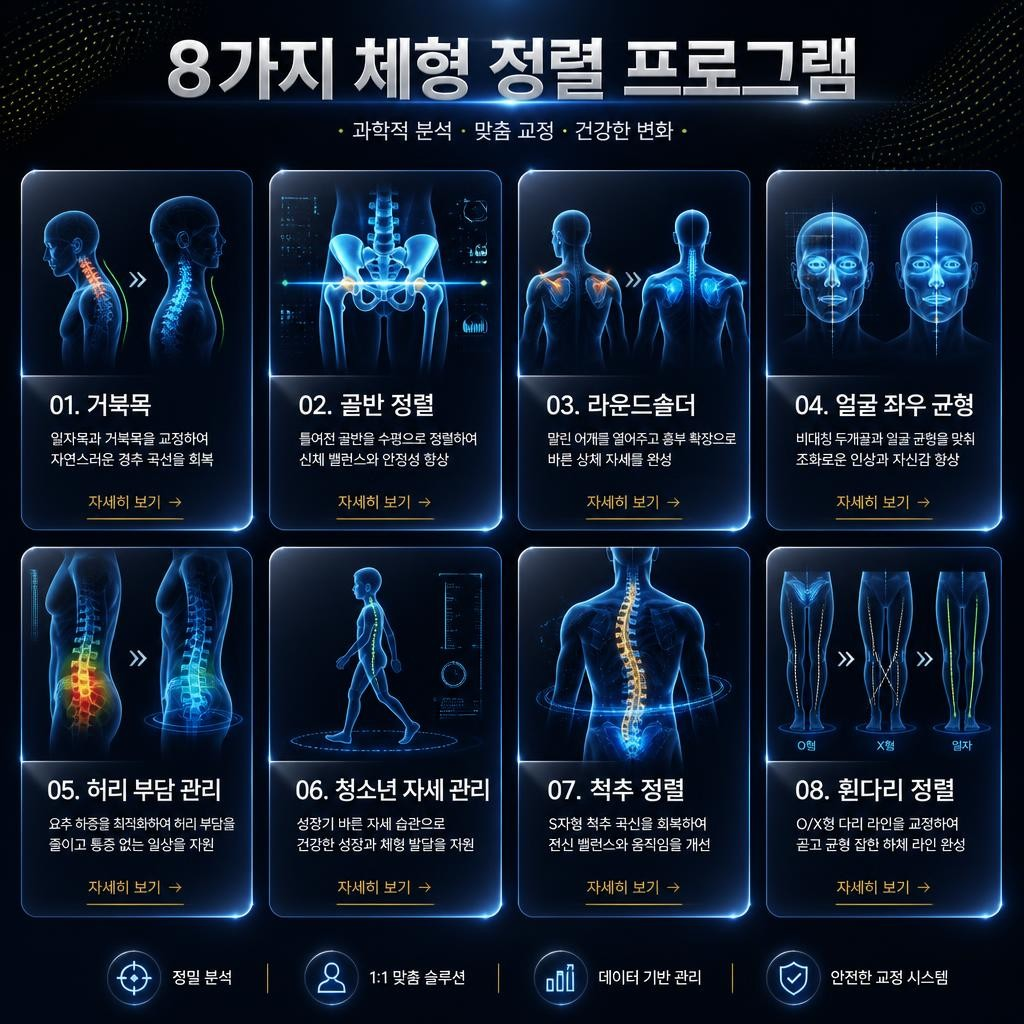 8가지 체형 정렬 프로그램: 01 거북목, 02 골반 정렬, 03 라운드숄더, 04 얼굴 좌우 균형, 05 허리 부담 관리, 06 청소년 자세 관리, 07 척추 정렬, 08 휜다리 정렬.